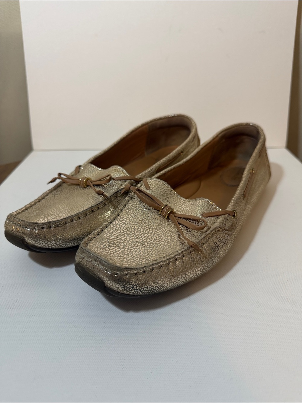 Clarks Gold Metallic Leather Driving Moccasins